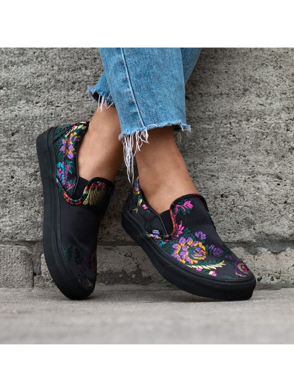 Vans Women's Black Slip-On Sneakers with Multicolor Floral Embroidery